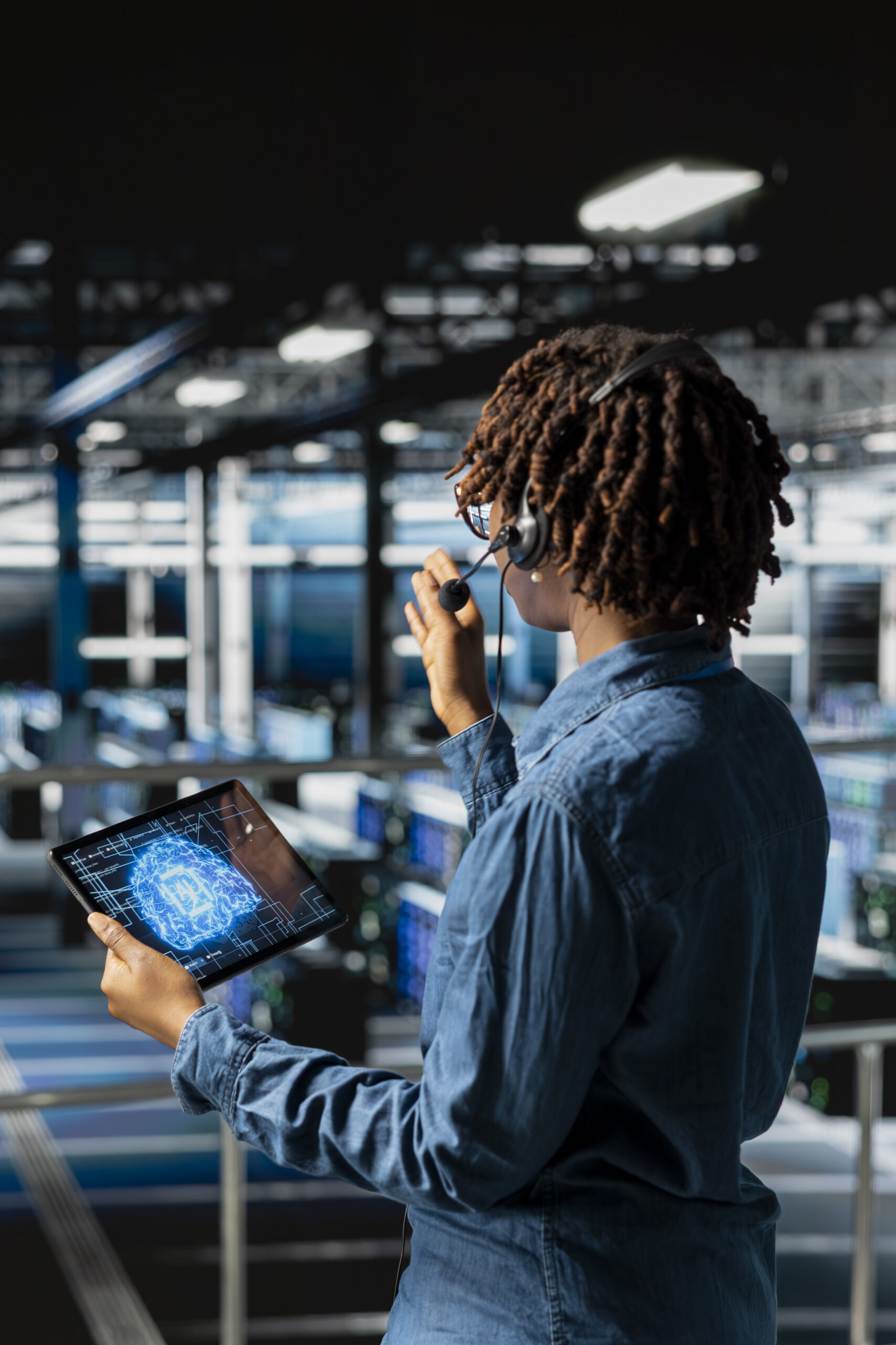 Server hub IT specialist monitoring systems and doing tech support, guiding users through troubleshooting steps. African american expert providing remote diagnostics using headset mic.